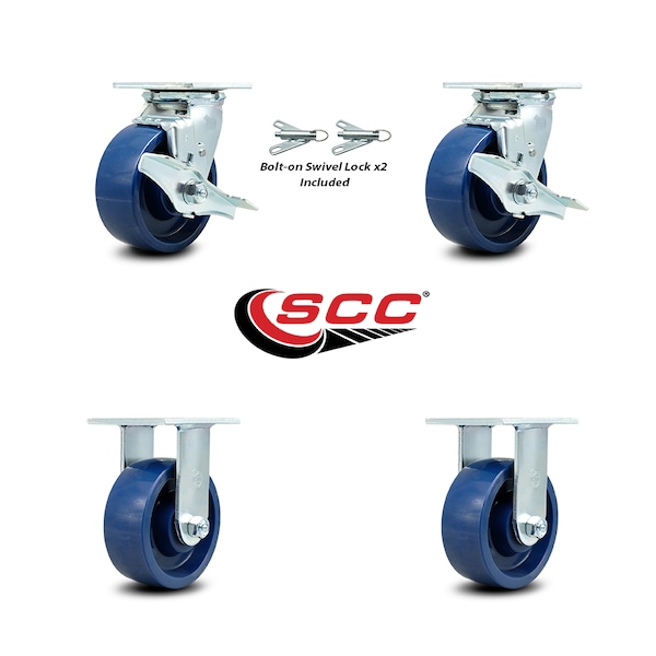 5 Inch Solid Polyurethane Caster Set With 2 Brakes/Swivel Lock 2 Rigid SCC